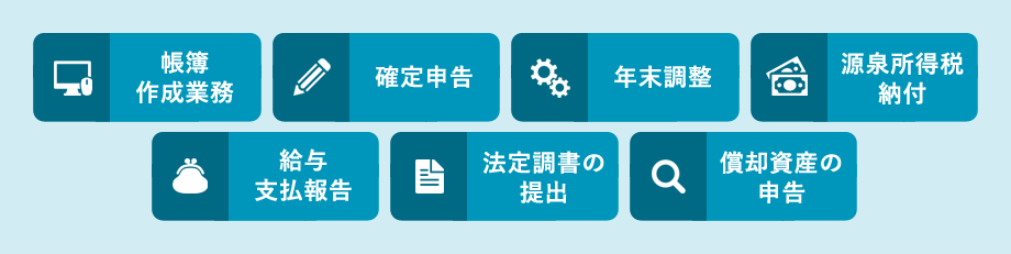  帳簿作成業務・確定申告・年末調整・源泉所得税納付・給与支払報告・法定調書の提出・償却資産の申告