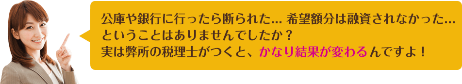 公庫や銀行に行ったら断られた…、希望額分は融資されなかった、ということはありませんでしたか？実は弊所の税理士がつくと、かなり結果が変わるんですよ！